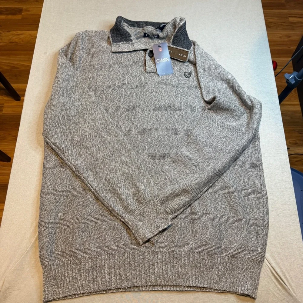 Chaps Mens Big & Tall XLT Grey Marl Cotton Quarter Button Mock Neck Sweater NWT